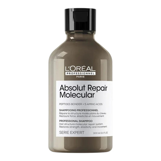 Elia World L'Oréal Professionnel Absolut Repair Molecular shampoo, 300ml bottle with peptides bonder and 5 amino acids for damaged hair.